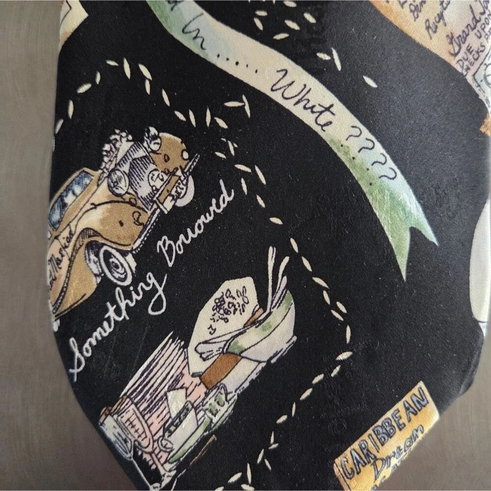 Nicole Miller Vintage 90s Multi Color Black Wedding Bride Groom Motif Silk Tie